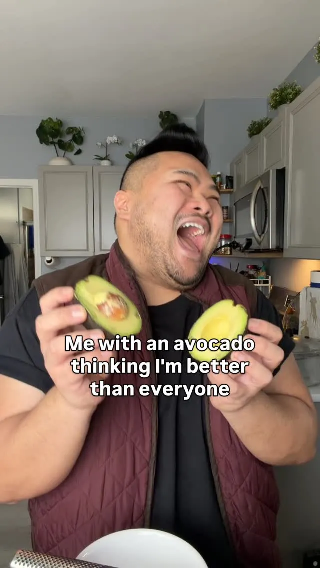 I hold two avocado halves in a food comedy episode.