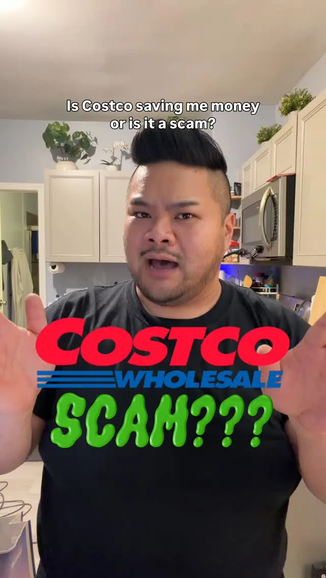 RV Mendoza in his kitchen beneath text asking if Costco is saving him money or is a scam.