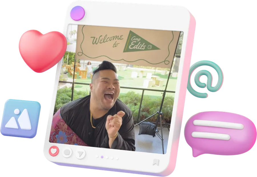 I laugh beneath a Welcome to Camp Edits sign inside a social-media frame.