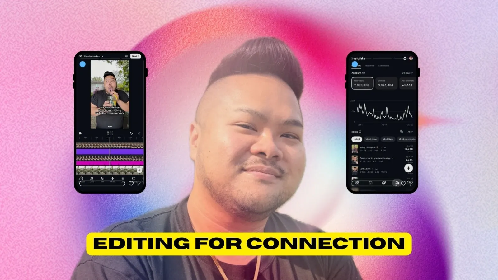 RV Mendoza centered between two phones showing a video-editing timeline and Instagram Insights, with the title Editing For Connection.