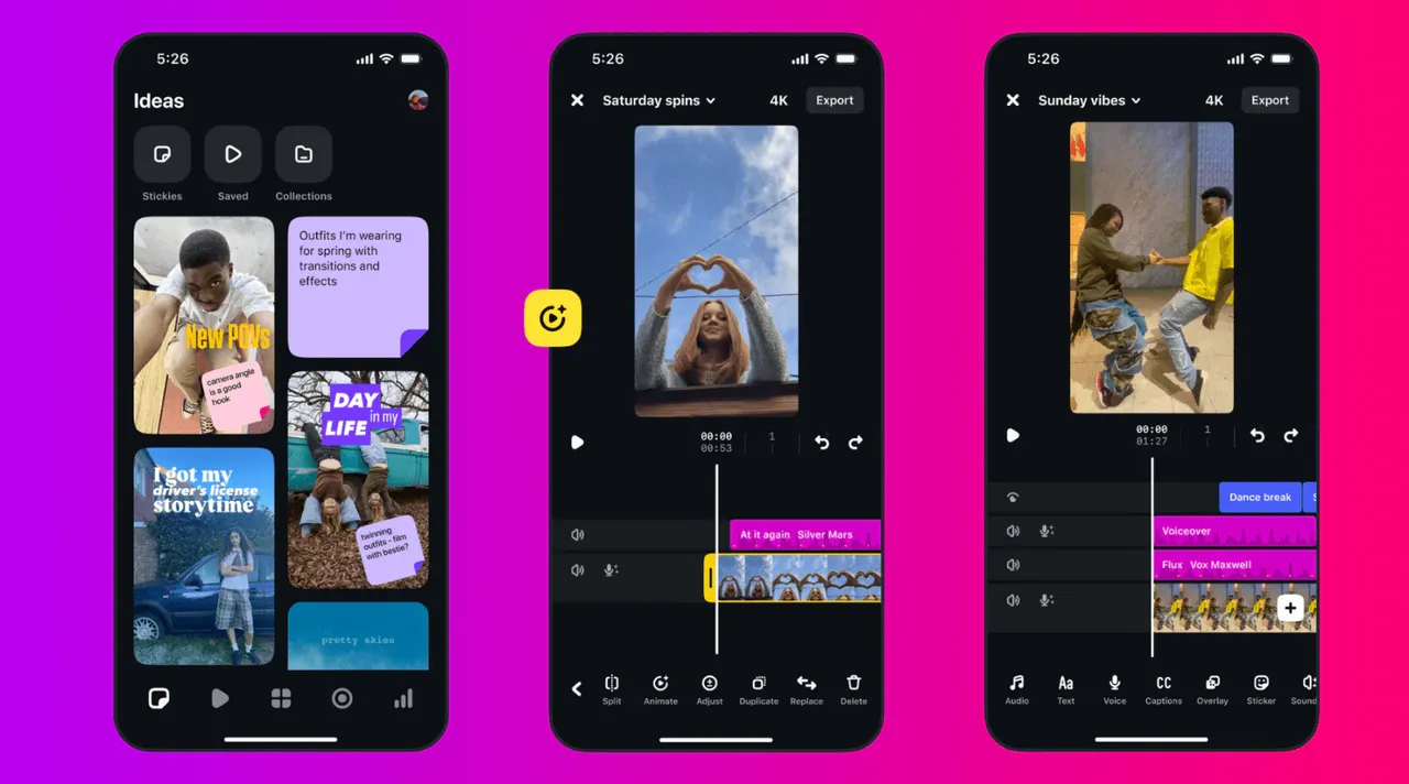 Three Instagram Edits screens show ideas, a video timeline, and layered audio and captions.