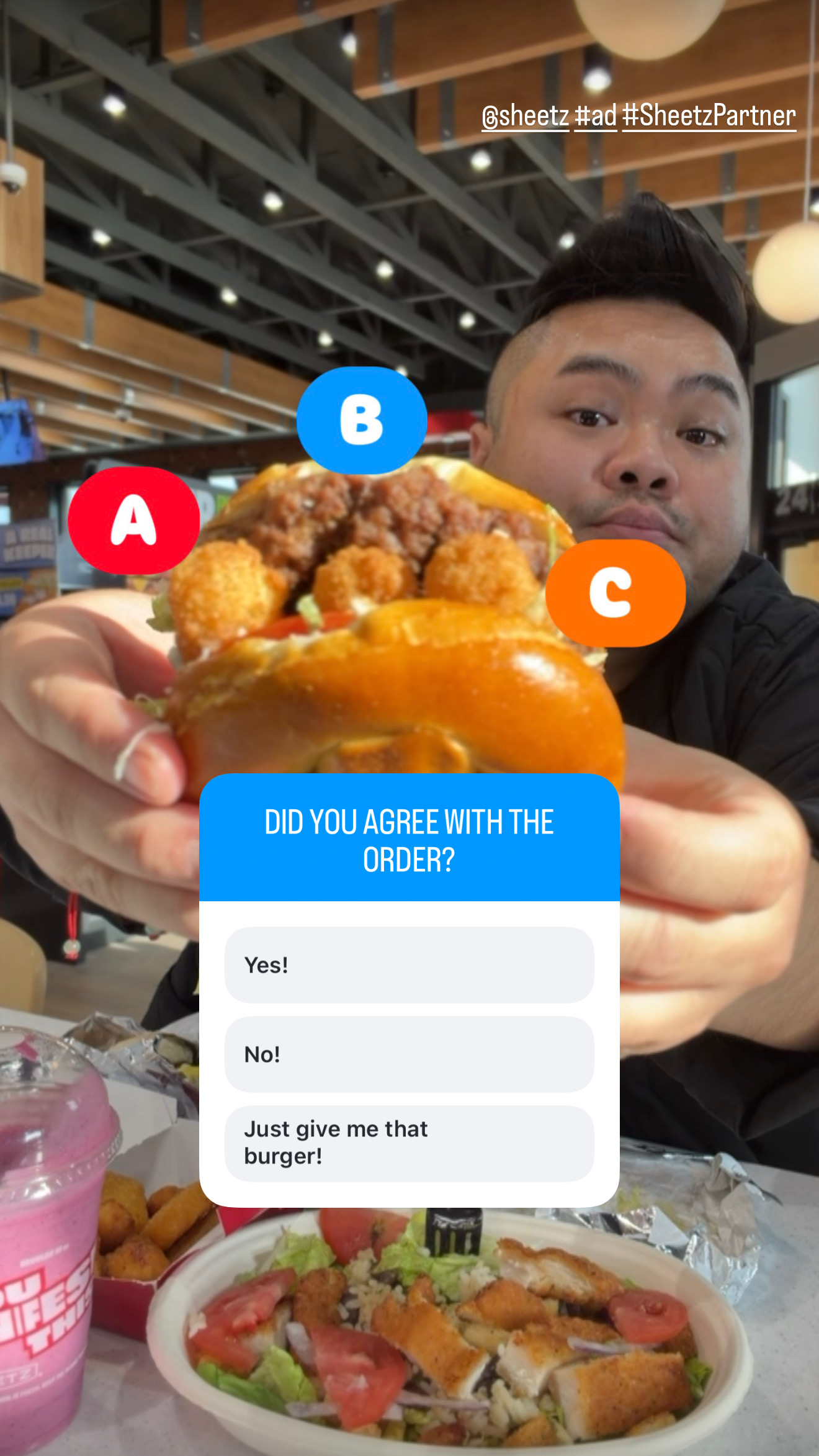 I hold a burger toward the camera while an Instagram Story poll asks viewers whether they agreed with the order.