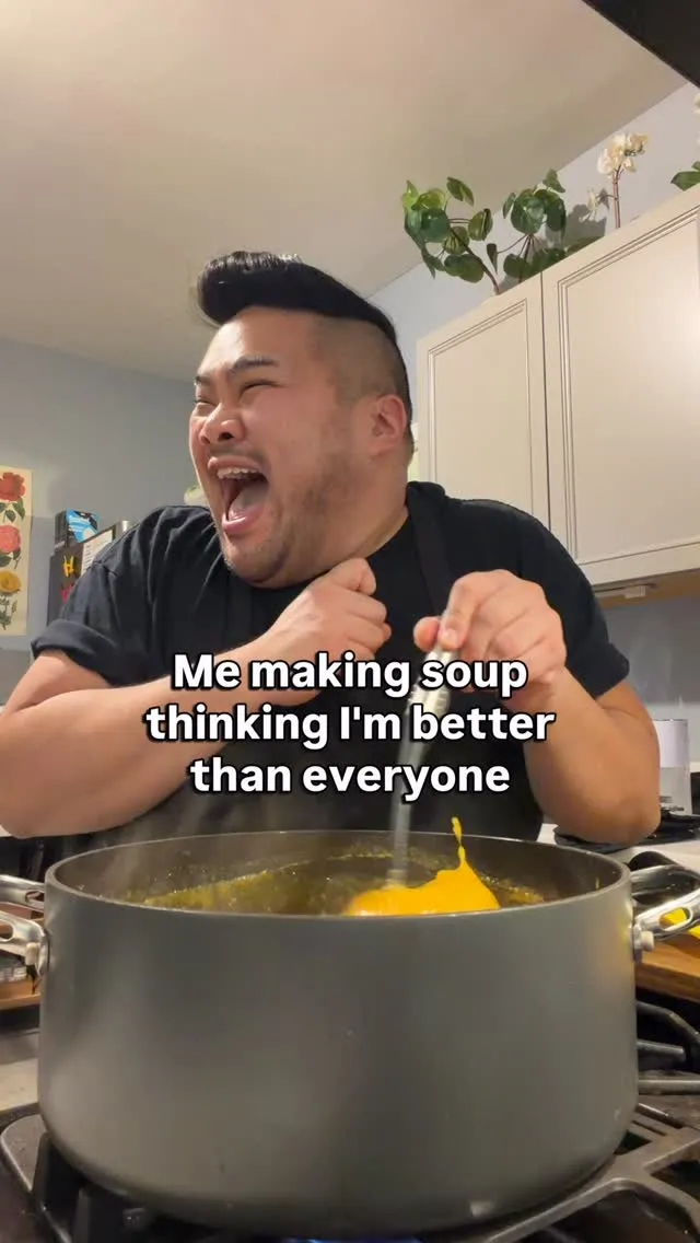 I laugh over a pot of soup beneath text about making soup and thinking I am better than everyone.