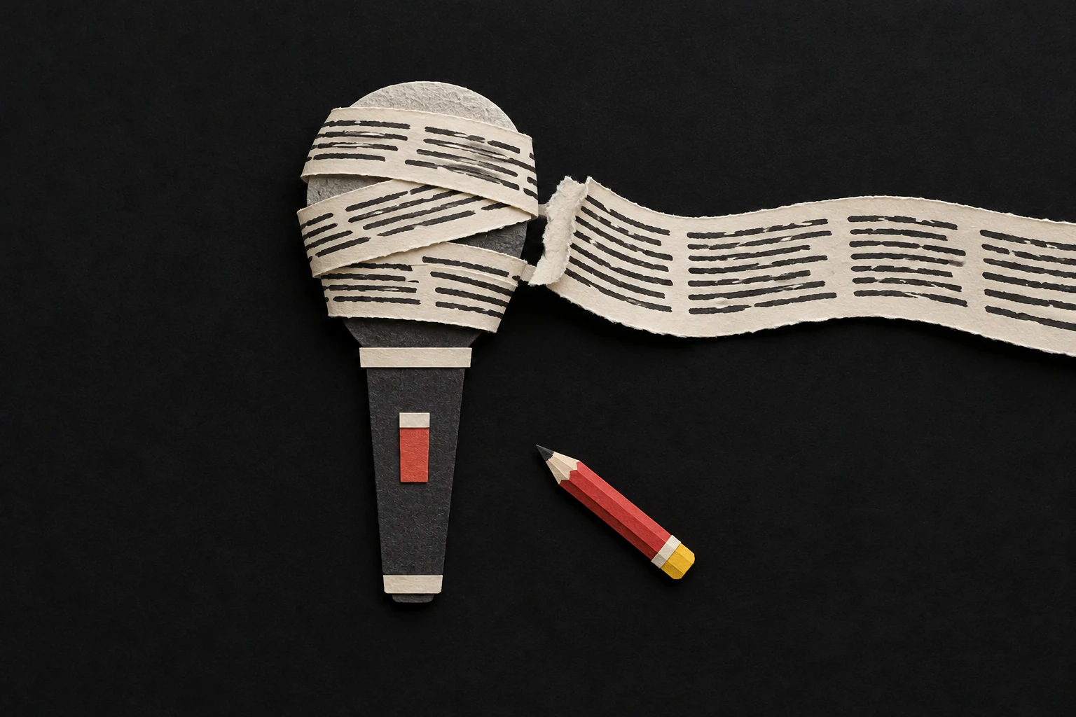A paper microphone wrapped in strips of handwritten script beside a red pencil on a black surface.