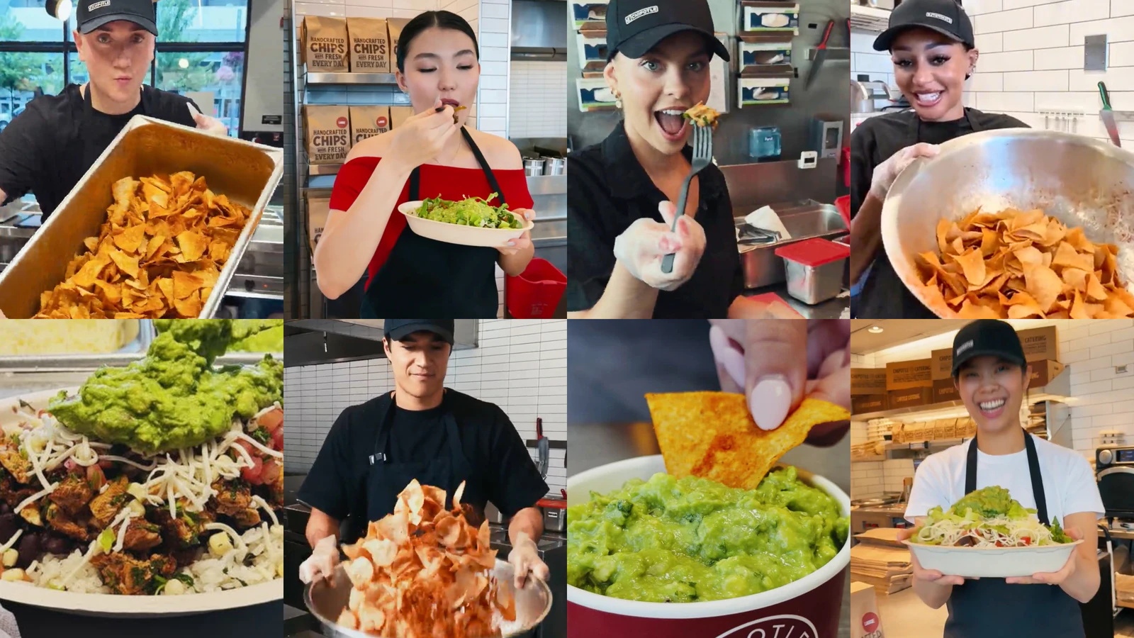 Eight frames show creators preparing and presenting chips, guacamole, and bowls inside Chipotle restaurants.