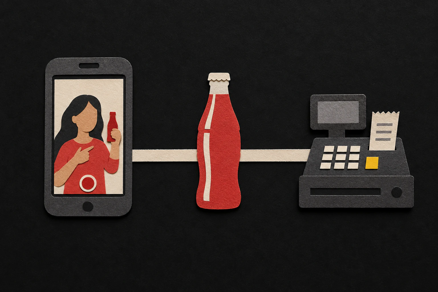 A paper-cut creator holds a red soda bottle on a phone screen beside a larger bottle and a checkout register.