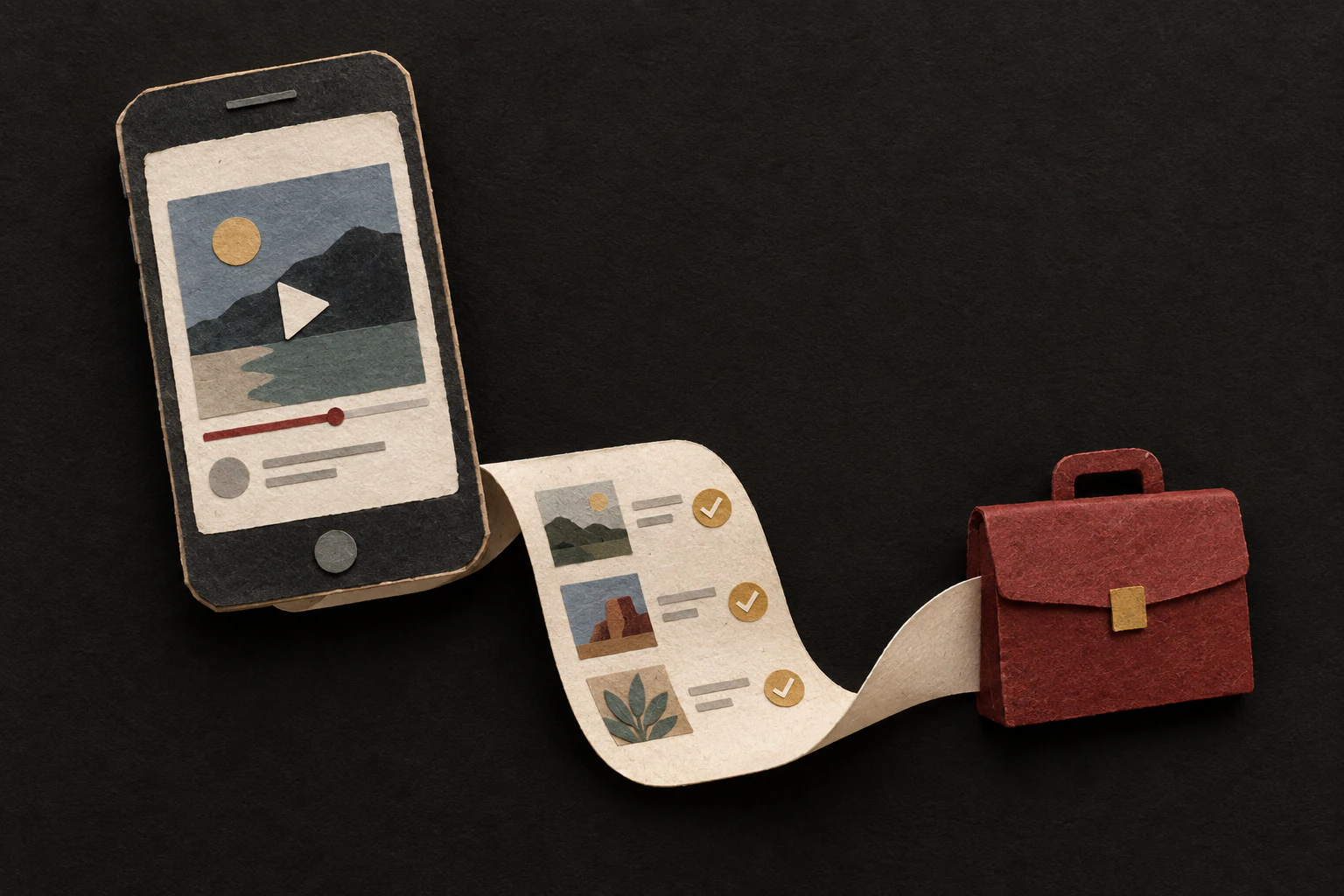 A paper-cut phone feeds a receipt of completed posts into a red briefcase.