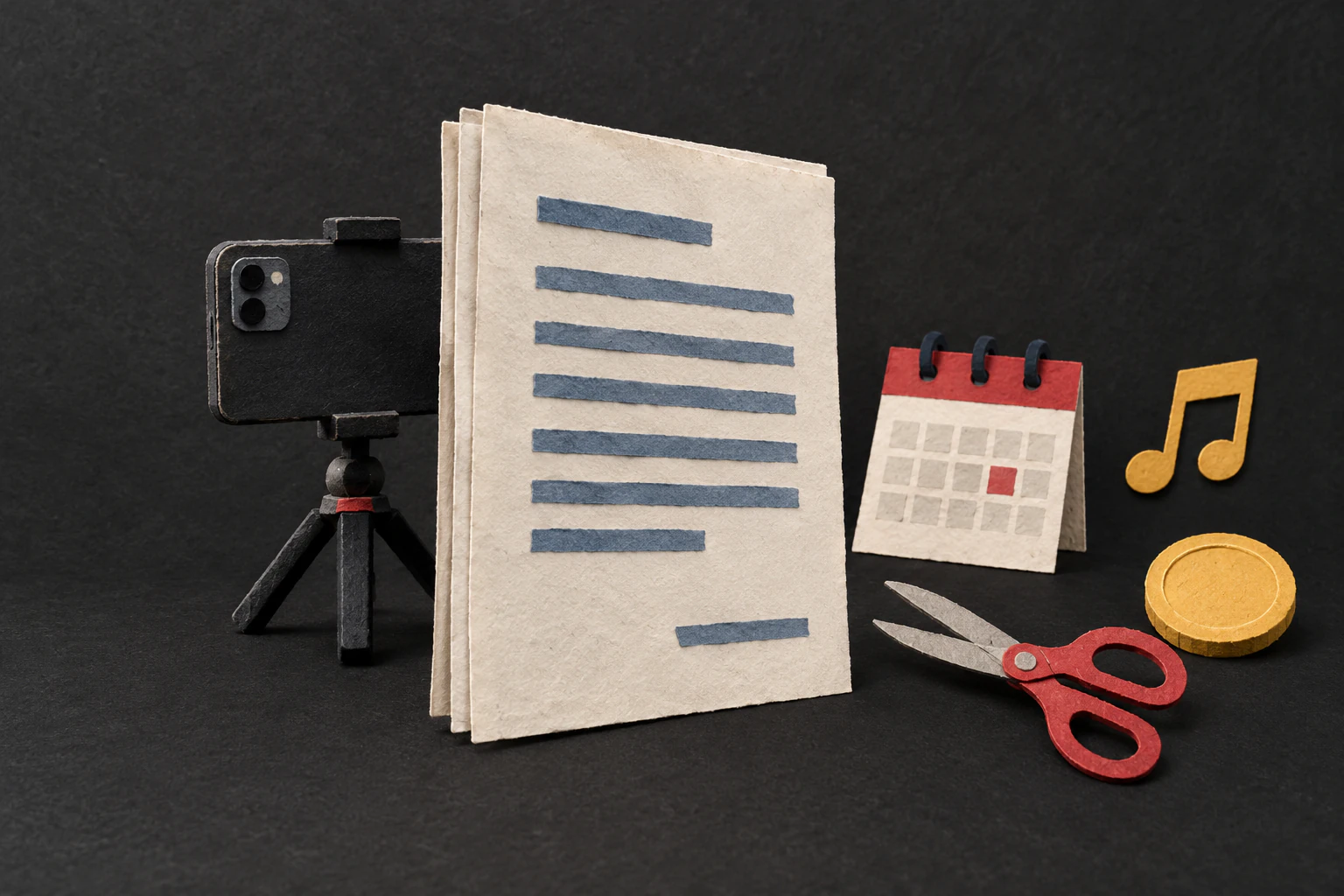 A paper contract blocks a phone camera beside a calendar, music note, scissors, and payment token.