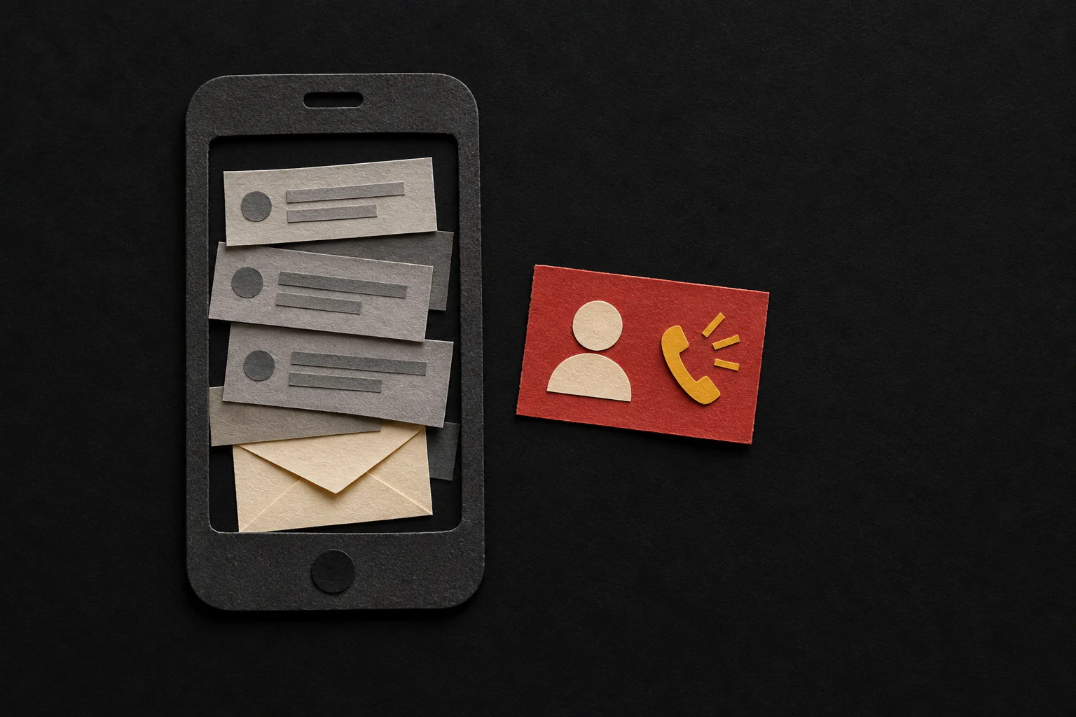 A paper phone filled with messages and a buried envelope sits beside a red professional contact card.