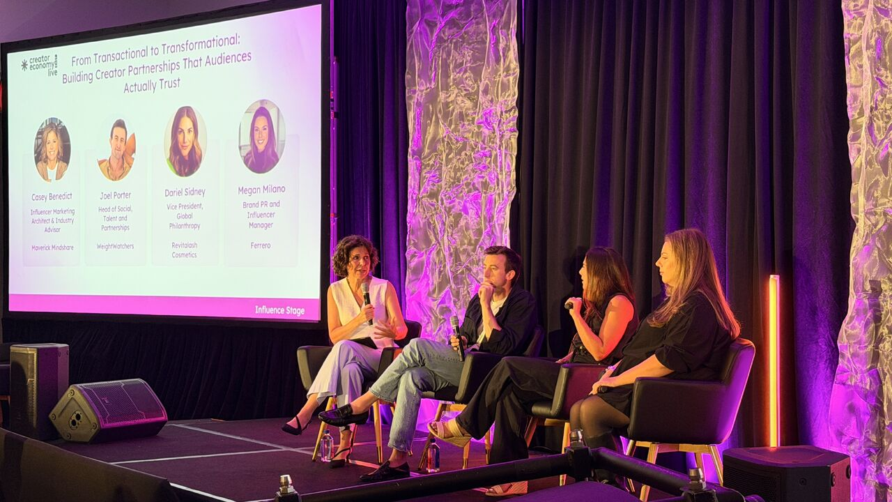 Four speakers discuss long-term creator partnerships onstage at Creator Economy Live East.