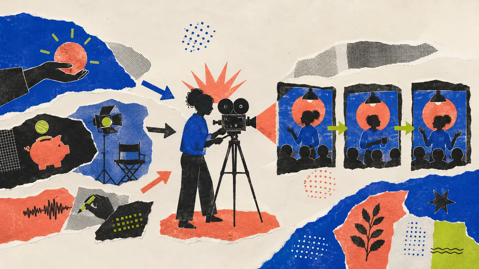 A creator performs on a colorful studio set while a production crew films the scene.