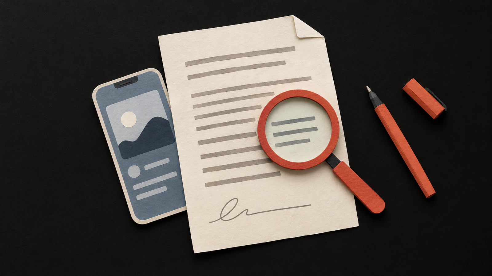 A handmade paper contract, smartphone, magnifying glass, and pen arranged on a black background.