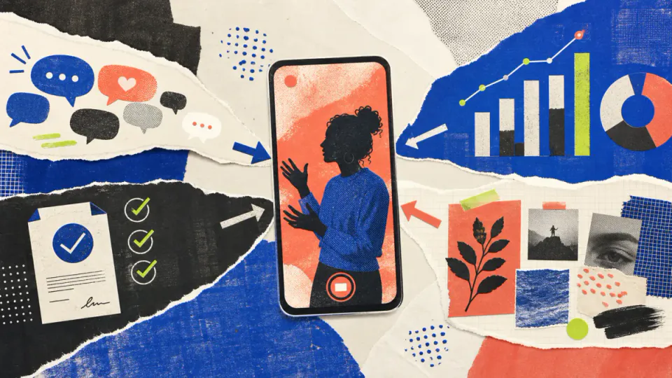 A creator recording a video as conversation, approval, performance, and creative-planning elements converge around them.
