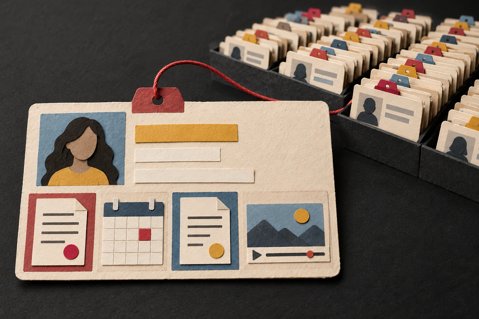 One large paper creator record holds contract, calendar, payment, and video details in front of an organized archive.