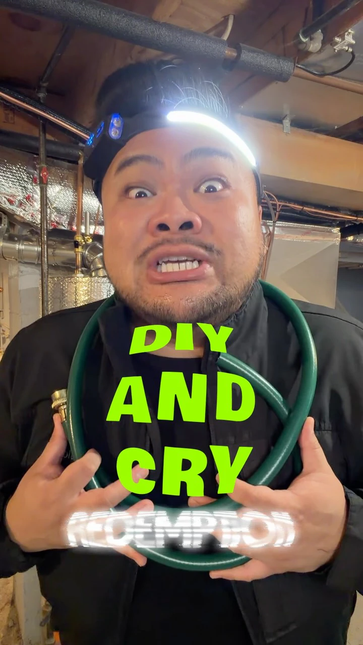 RV Mendoza wears a headlamp and holds a green hose beneath the words “DIY and Cry.”