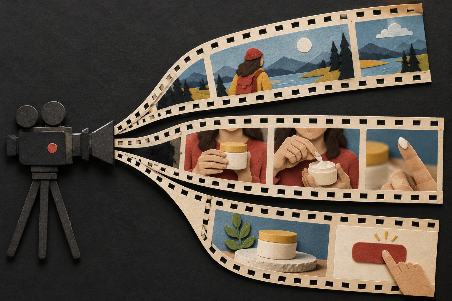 Three paper film strips leave one camera, showing a broad story, a product demonstration, and a short action-focused edit.