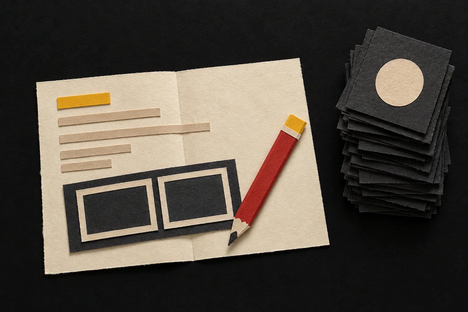 A cream paper campaign brief with blank storyboard frames and a red paper pencil beside a stack of black paper cards.