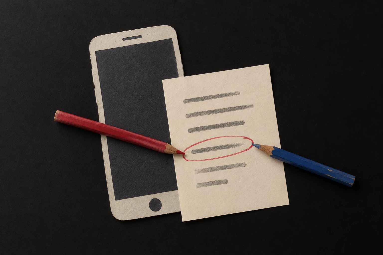 A paper smartphone and contract page with red and blue pencils pointing to a circled clause.