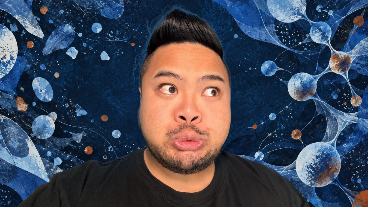 RV Mendoza looking upward against an abstract blue background of cells, particles, and connecting strands.