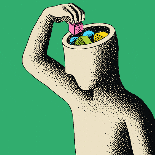 An animated illustration of a person placing colorful shapes into an open head.