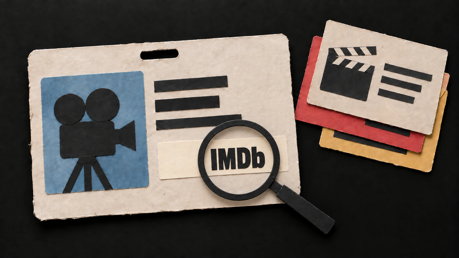 A paper creator ID card labeled IMDb sits beneath a magnifying glass beside a stack of film-credit cards.