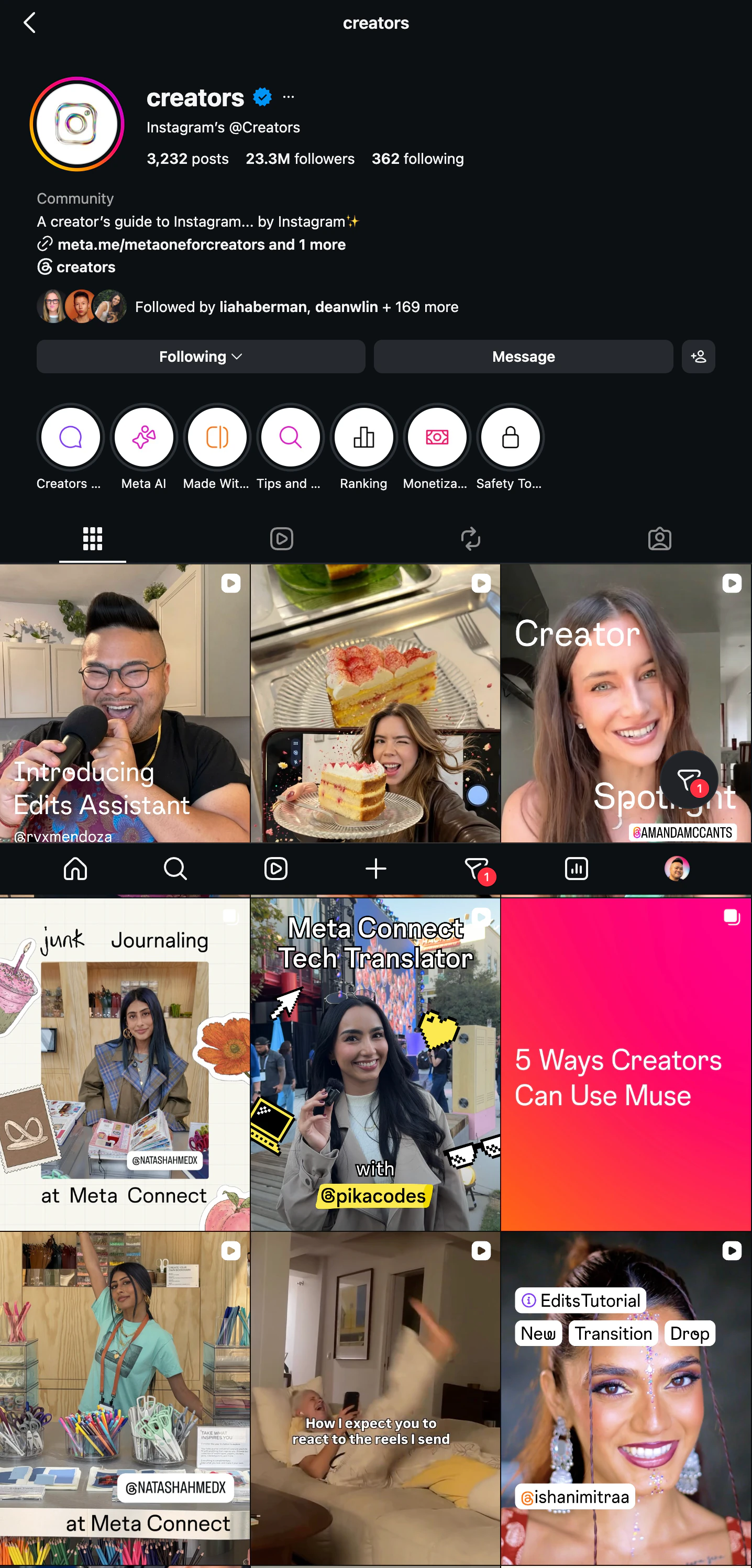 The Instagram Creators profile shows RV Mendoza's Edits assistant Reel first in its post grid.