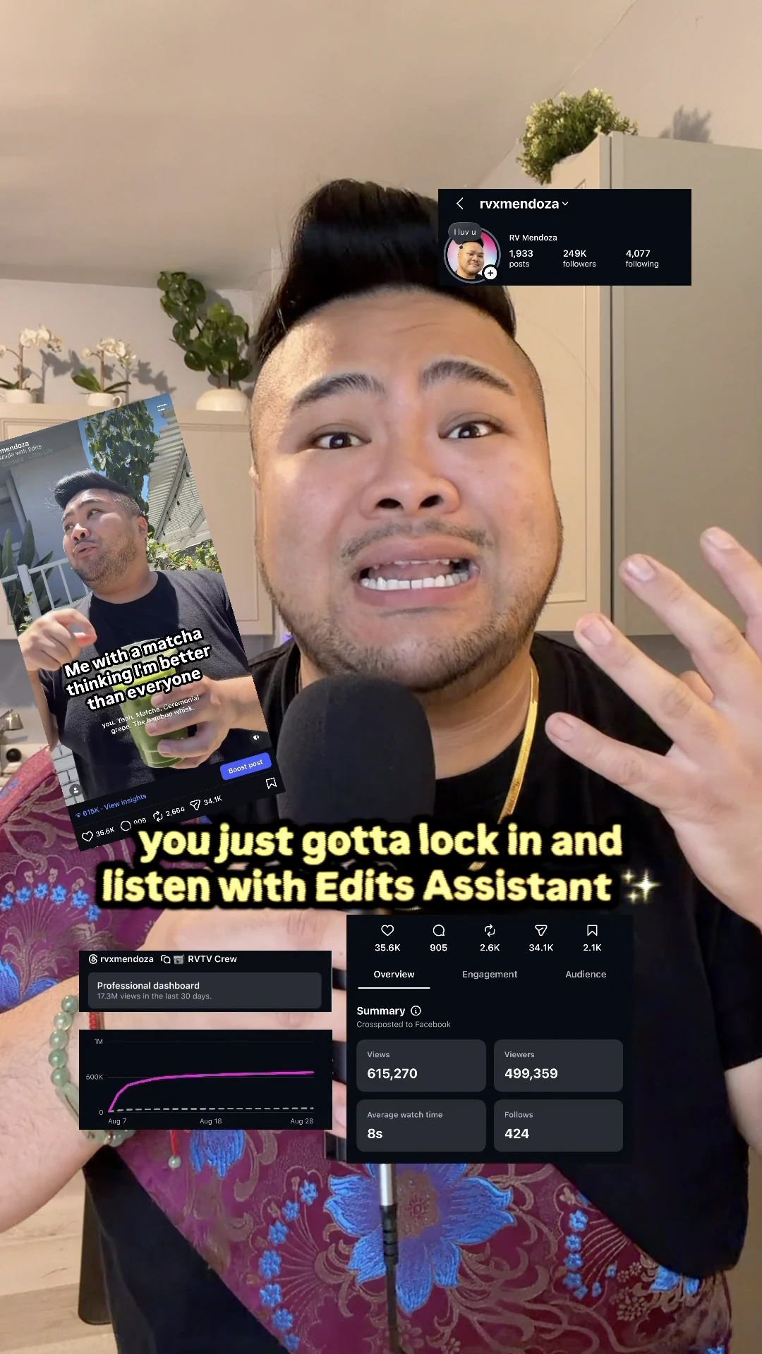 RV Mendoza speaks beside Instagram profile, Reel, and insights screenshots.
