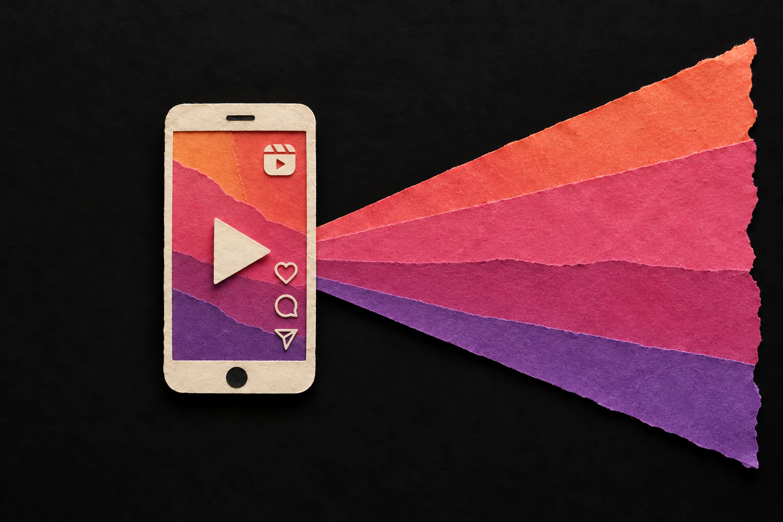 A paper-cut phone shows Instagram Reel controls while layered pink, orange, and purple paper expands beyond the screen.