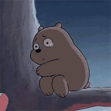 An animated bear sitting anxiously with its paws folded.