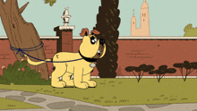 An animated dog reaching the end of its leash and straining to walk farther.