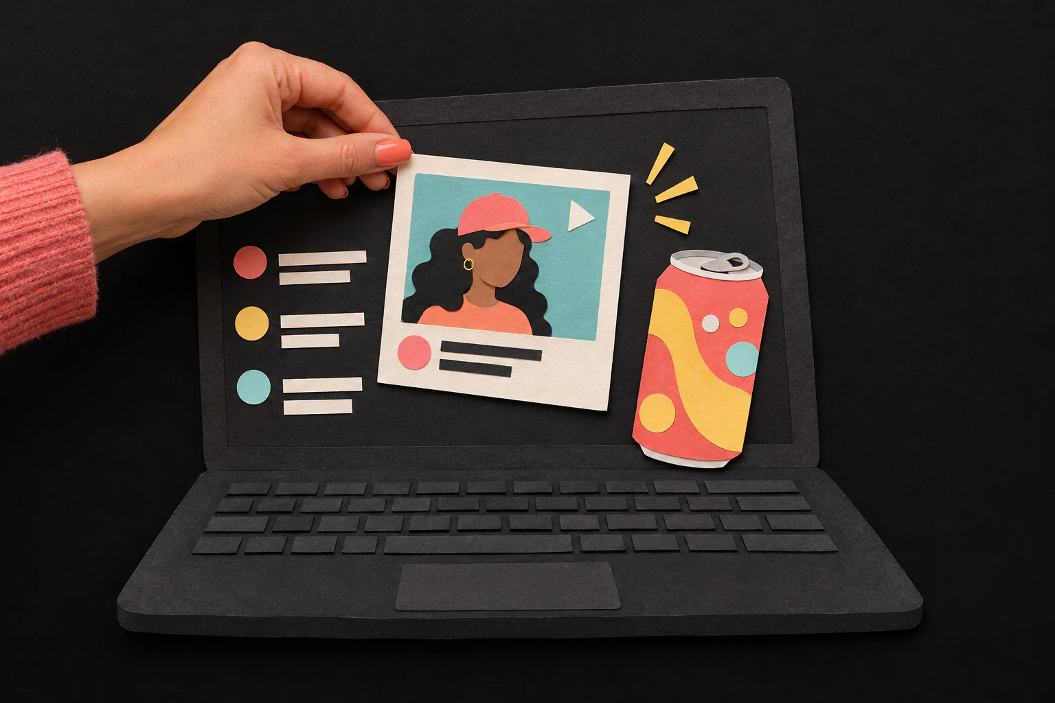 A hand places a paper creator video card onto a black paper laptop beside a colorful soda can.