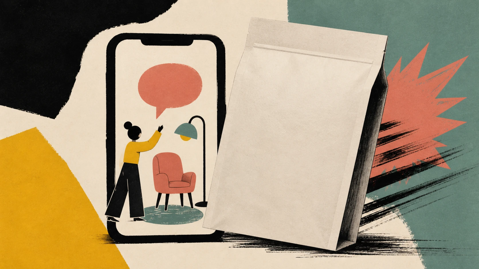 An illustrated blank product package covers part of a creator's story setup inside a phone screen.