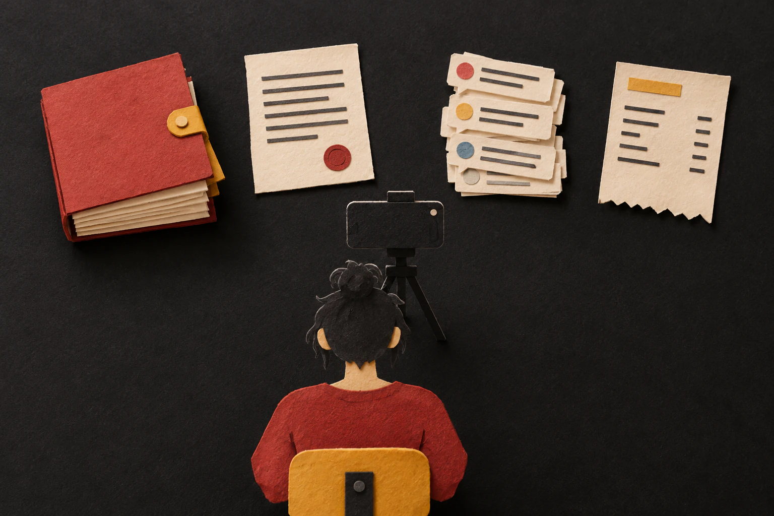 A paper content creator faces a camera, campaign brief, contract, audience comments, and invoice on a black surface.