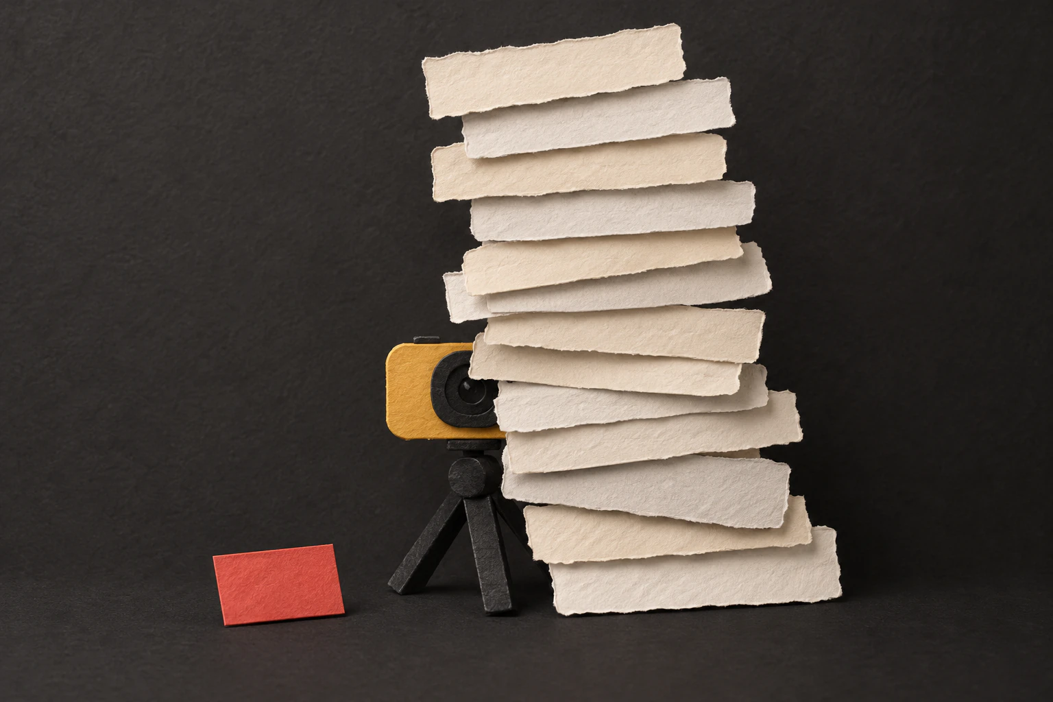 Fourteen blank paper message strips nearly bury a small camera while one red idea card sits apart.