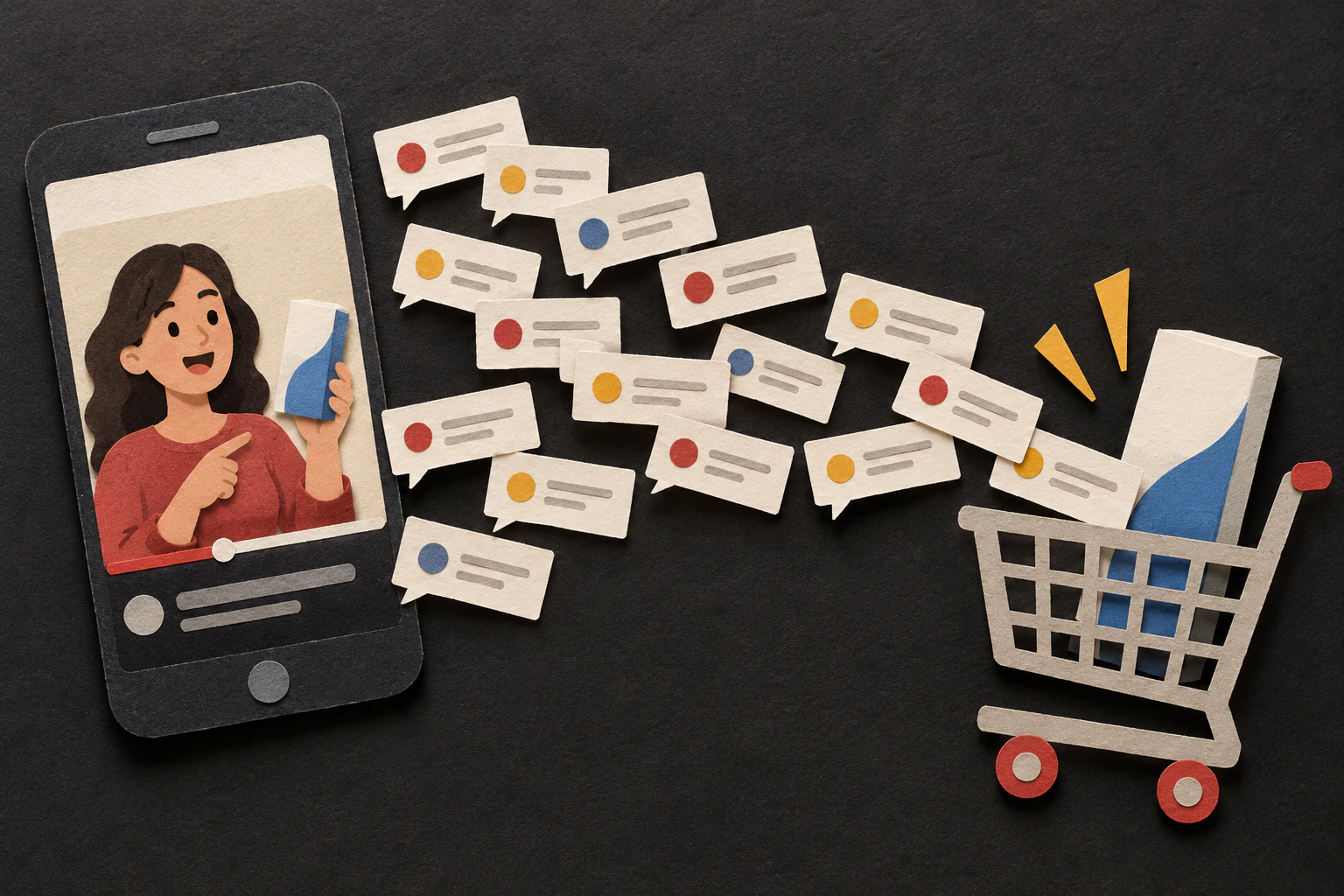 Paper comment cards travel from a creator video toward a shopping cart holding an unbranded personal-care product.
