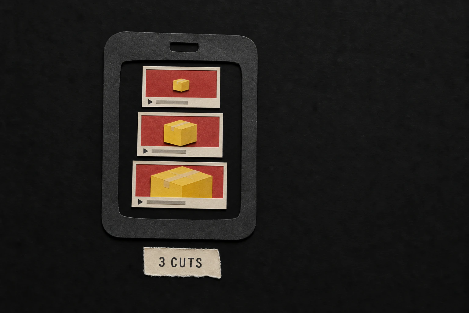 A black paper phone holds three video cards showing the same yellow package at different sizes above a torn label reading 3 CUTS.